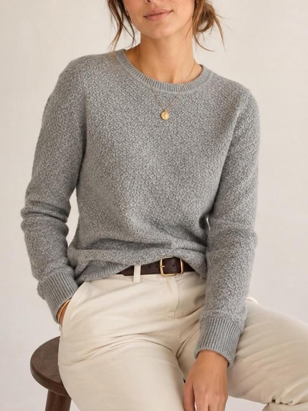 Talbots Medium Gray Textured Crewneck Sweater Lambswool Blend Preppy Academia